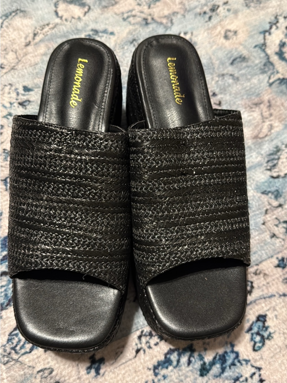Lemon Black Woven Slide Mules